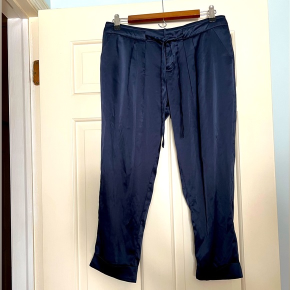 Lightweight Navy Satin Pants with cuffed hem. Belt tie included. - Picture 1 of 4